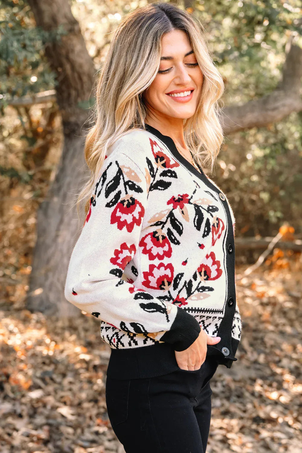 Beige Floral Print Buttoned Front V Neck Knit Cardigan Bazaare Mart Sweaters & Cardigans/Cardigans