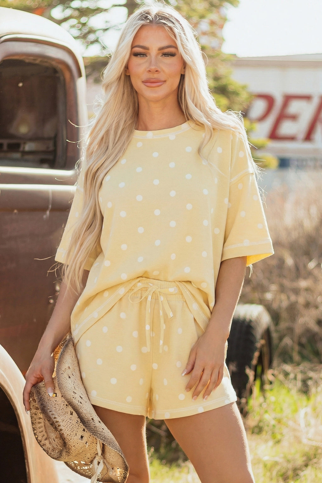 Women’s Polka Dot Shorts Set – Exposed Seam Tee & Drawstring Shorts Outfit Dear-Lover Dropshipping Two Piece Sets/Short Sets
