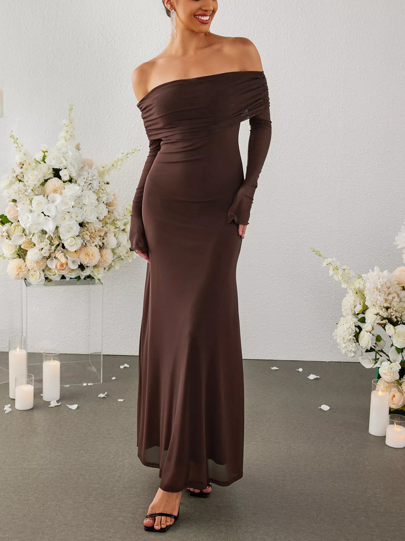 Off-Shoulder Ruched Long Sleeve Maxi Dress Trendsi Off-Shoulder Ruched Long Sleeve Maxi Dress