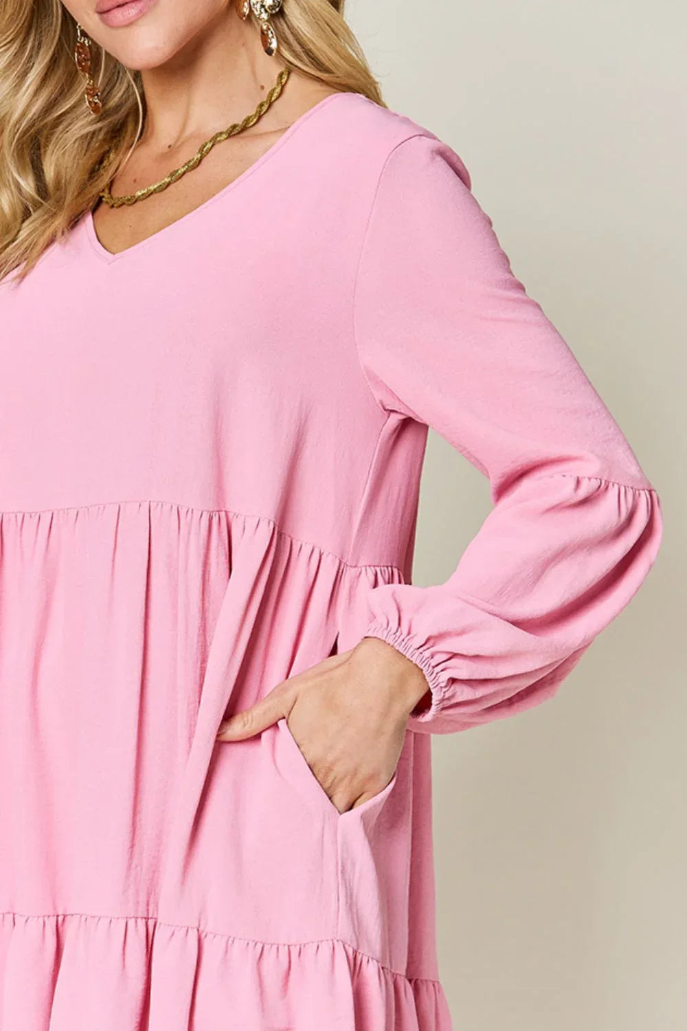 Solid V-Neck Long Balloon Sleeve Tiered Dress Bazaare Mart Long Sleeve Layered Dress