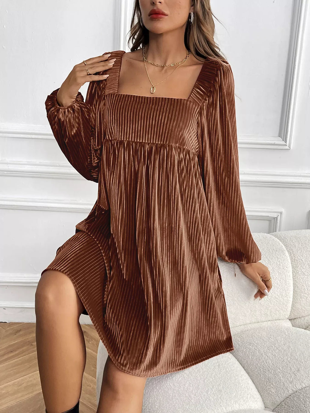 Textured Velvet Square Neck Long Sleeve Dress Bazaare Mart Long Sleeve Square Neck Velvet Dress