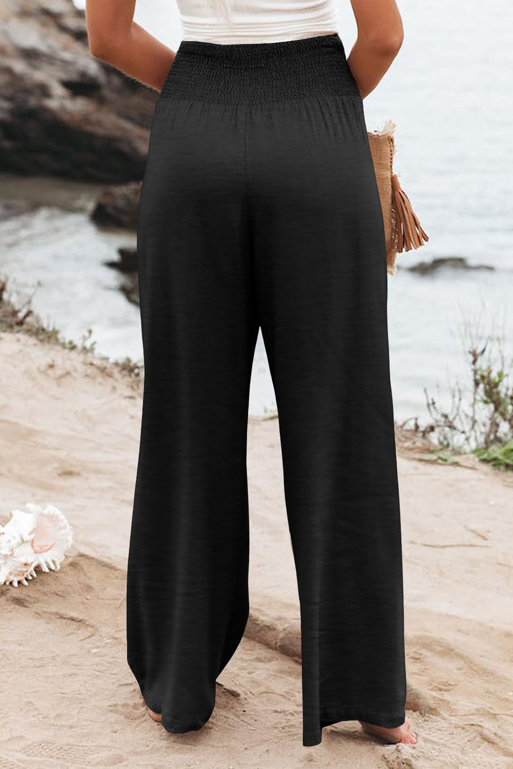 Back of Black High Waist Plus Size Wide Leg Pants