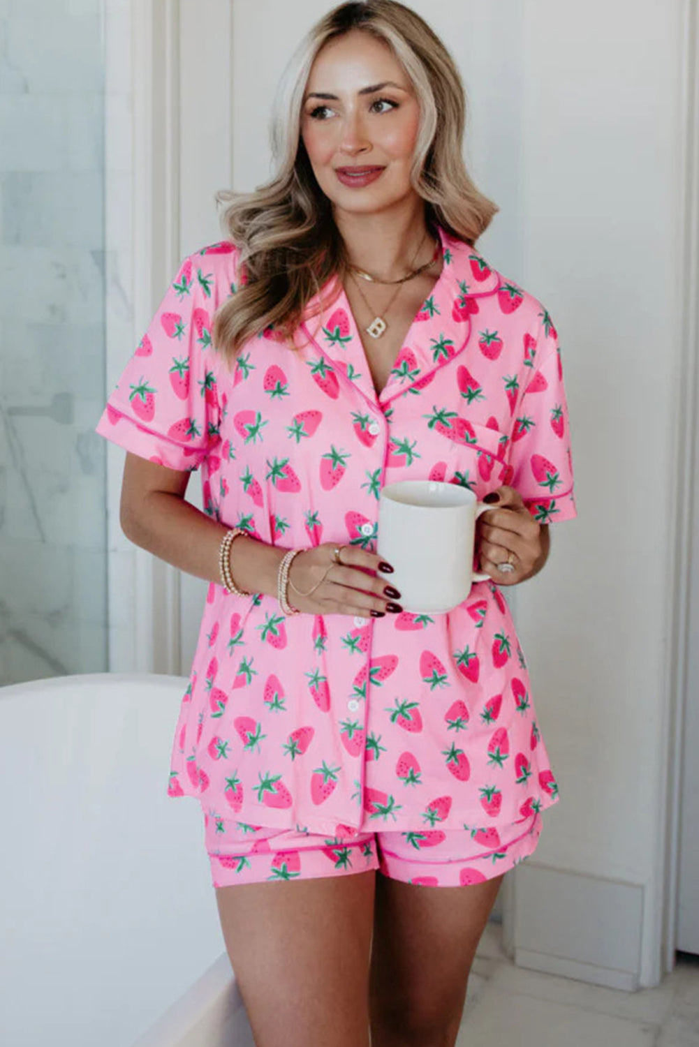 Pink Strawberries Shorts Pajama Set