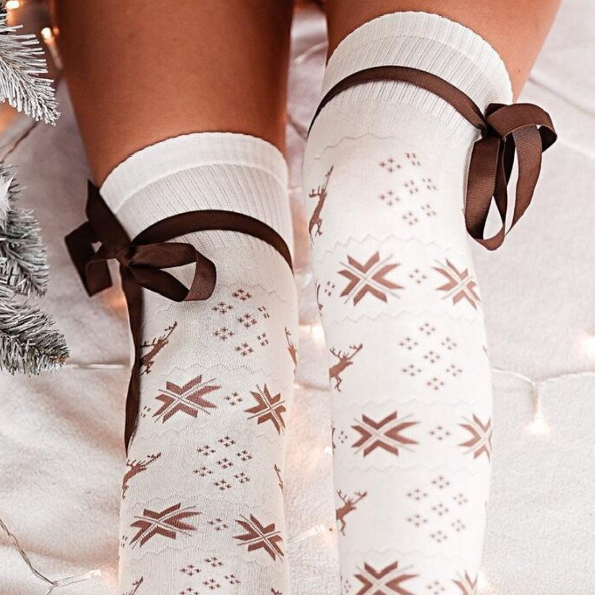 Bowknot Ribbed Trim Over Knee Stockings