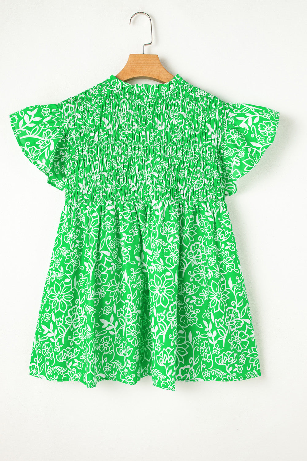 Green Floral Flutter Sleeve Blouse