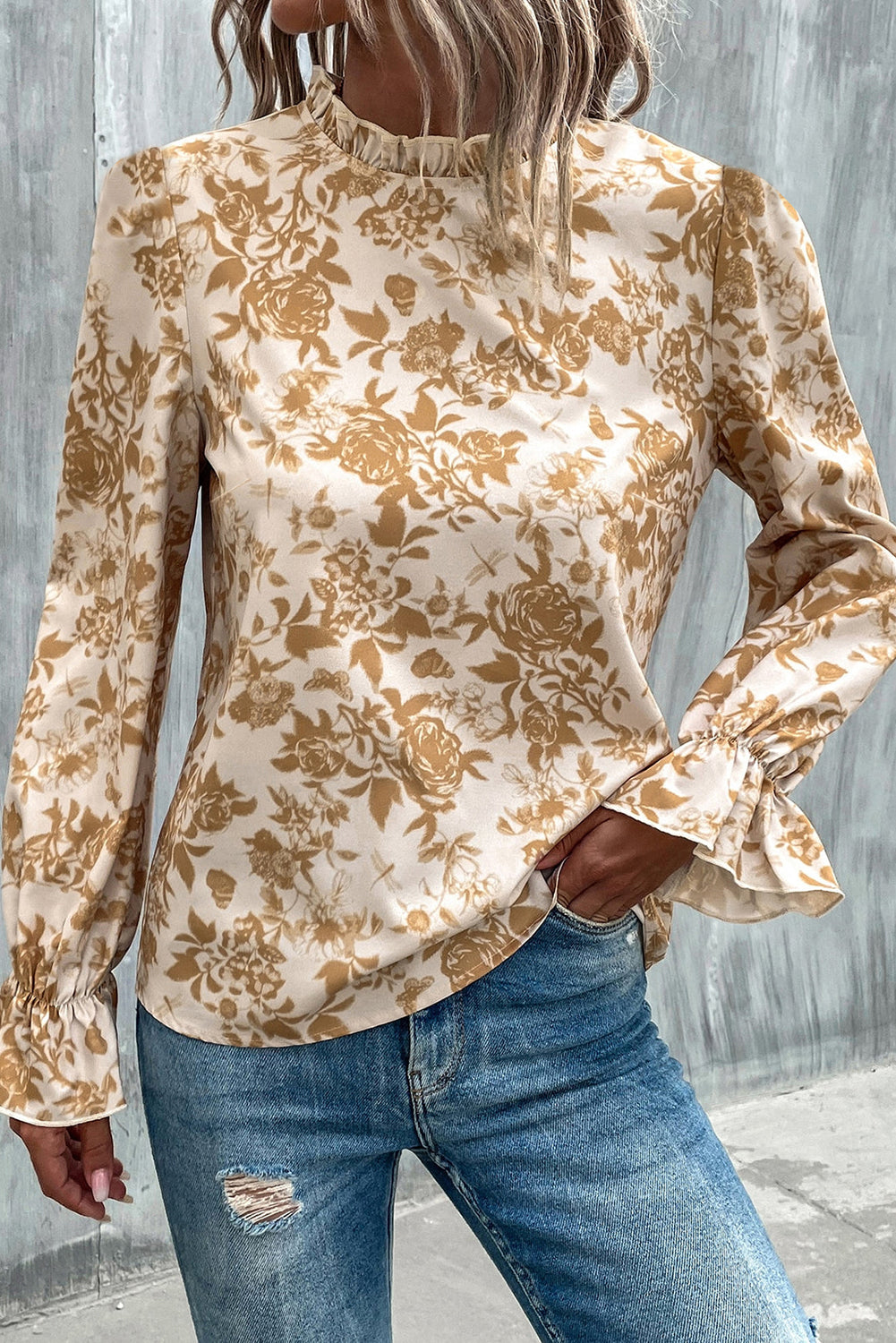 Light French Beige Floral Print Frilled Neckline Flounce Sleeve Blouse