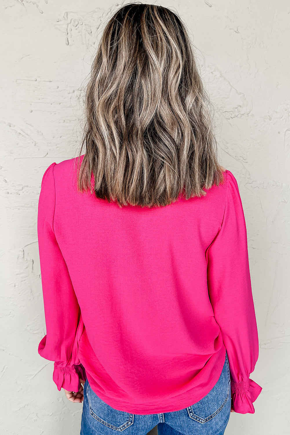 Magenta Long Sleeve Shirred Cuff V Neck Blouse