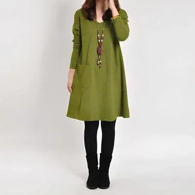 Women Plus Size Long Sleeve Solid Color Dress Green Bazaare Mart Long Sleeve A Frame Dress