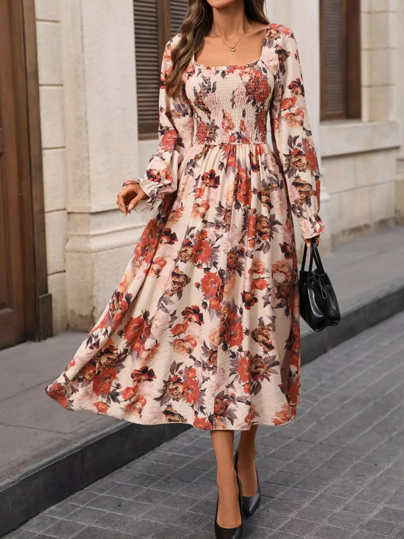 Smocked Floral Print Flounce Sleeve Dress Trendsi Floral Midi Dress