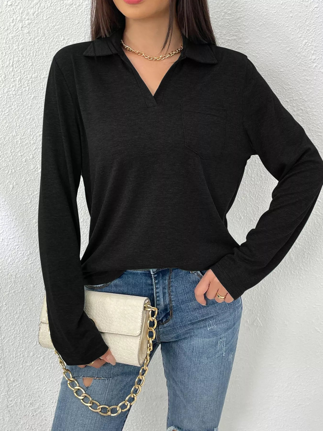 Casual Long Sleeve Polo T-Shirt Black Bazaare Mart Casual Long Sleeve Polo T-Shirt