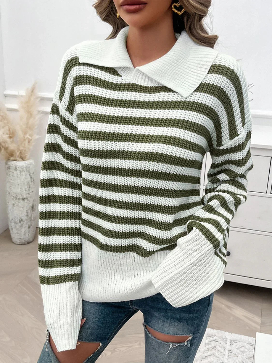 Striped Collared Neck Long Sleeve Sweater Moss Bazaare Mart Striped Collared Neck Long Sleeve Sweater