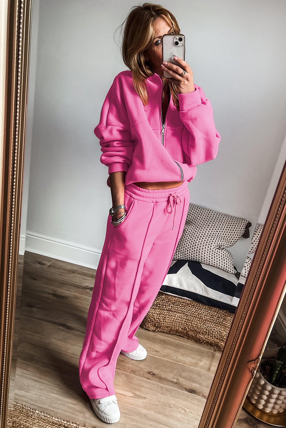 Bright Pink Solid Seamed Zipper Drawstring Waist Pants Set