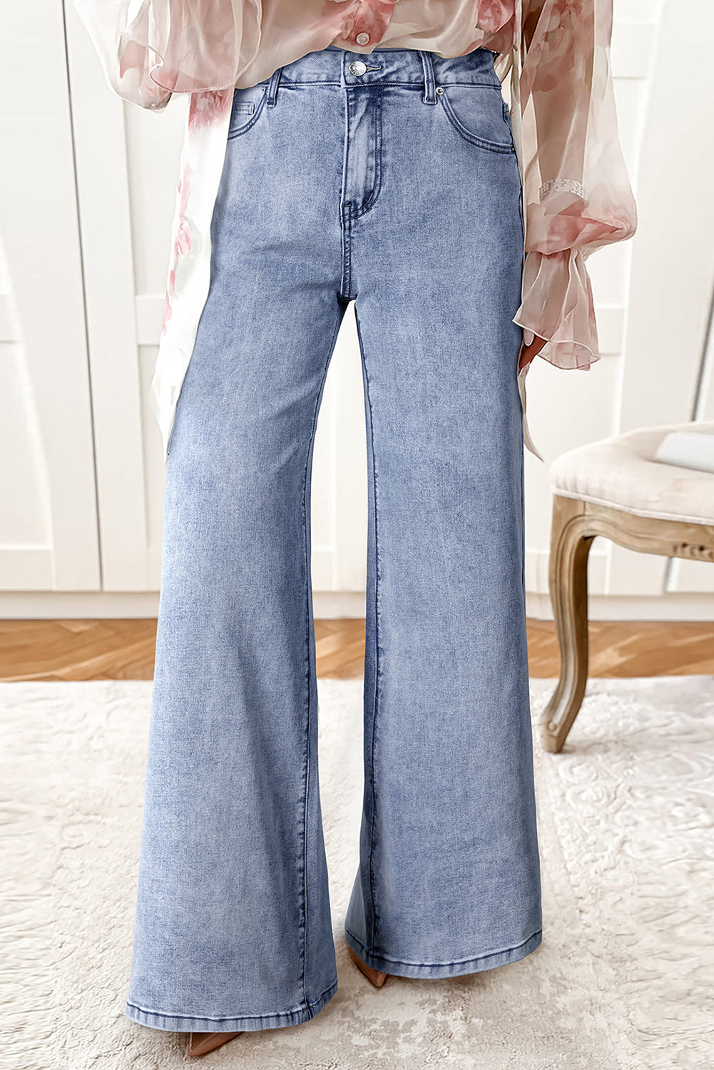 Beau Blue High Waist Button Zip Fly Bell Bottom Jeans Beau Blue 75%Cotton+23%Polyester+2%Elastane Bazarre Mart Bottoms/Jeans