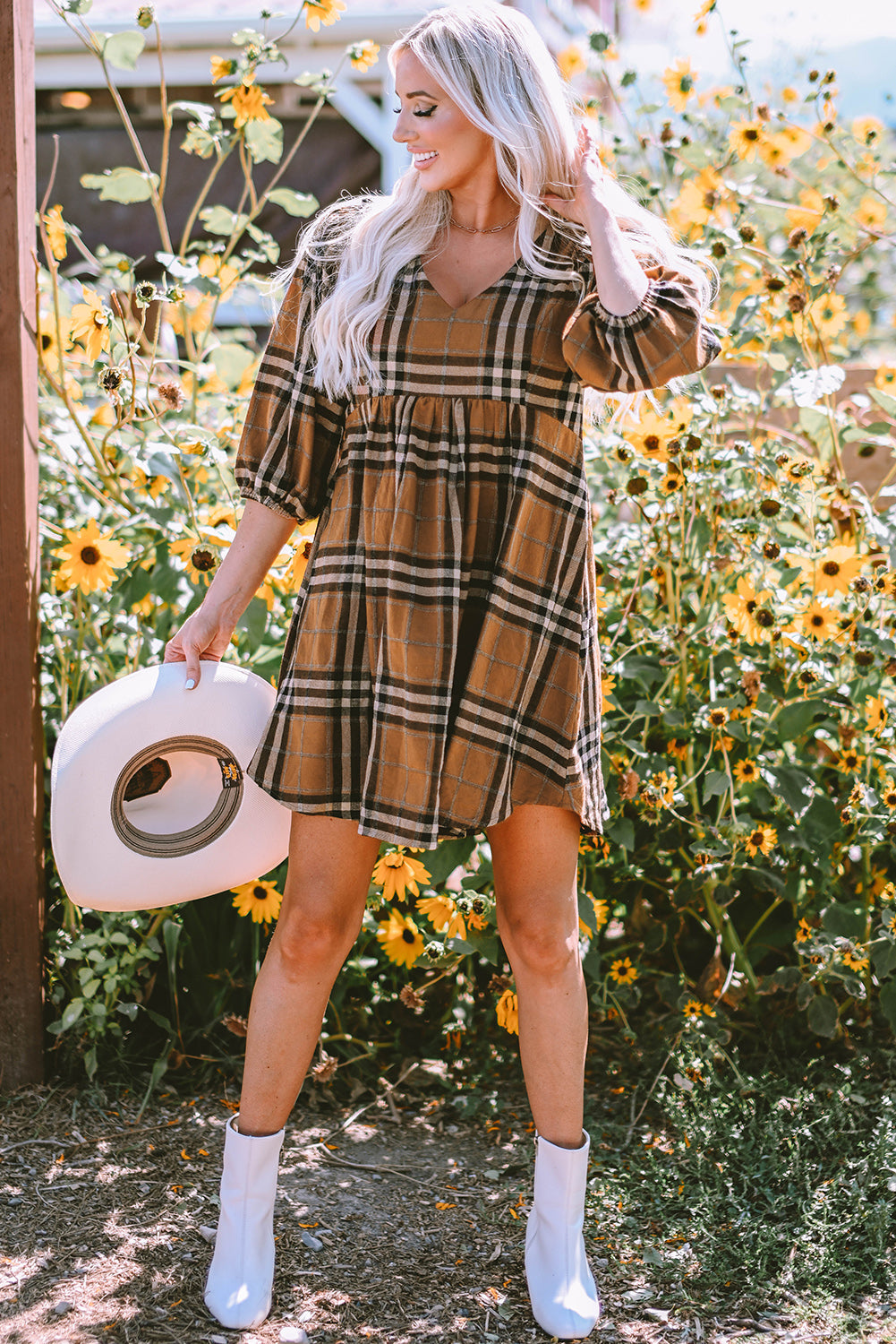 Brown Plaid Plus Size A Line Dress