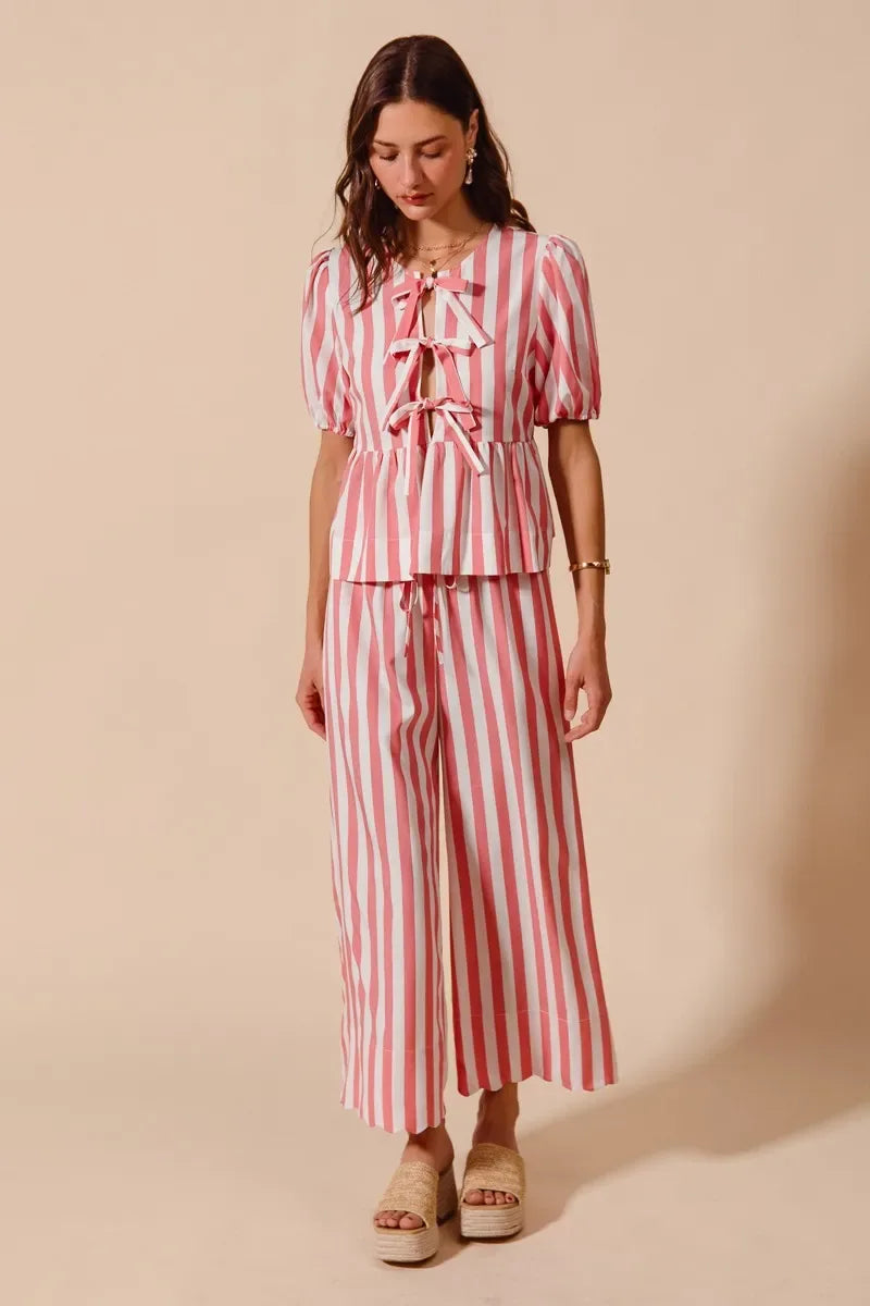 Pink Striped Pants Set Trendsi Front Tie Stripe Top With Puff Sleeves and Pants