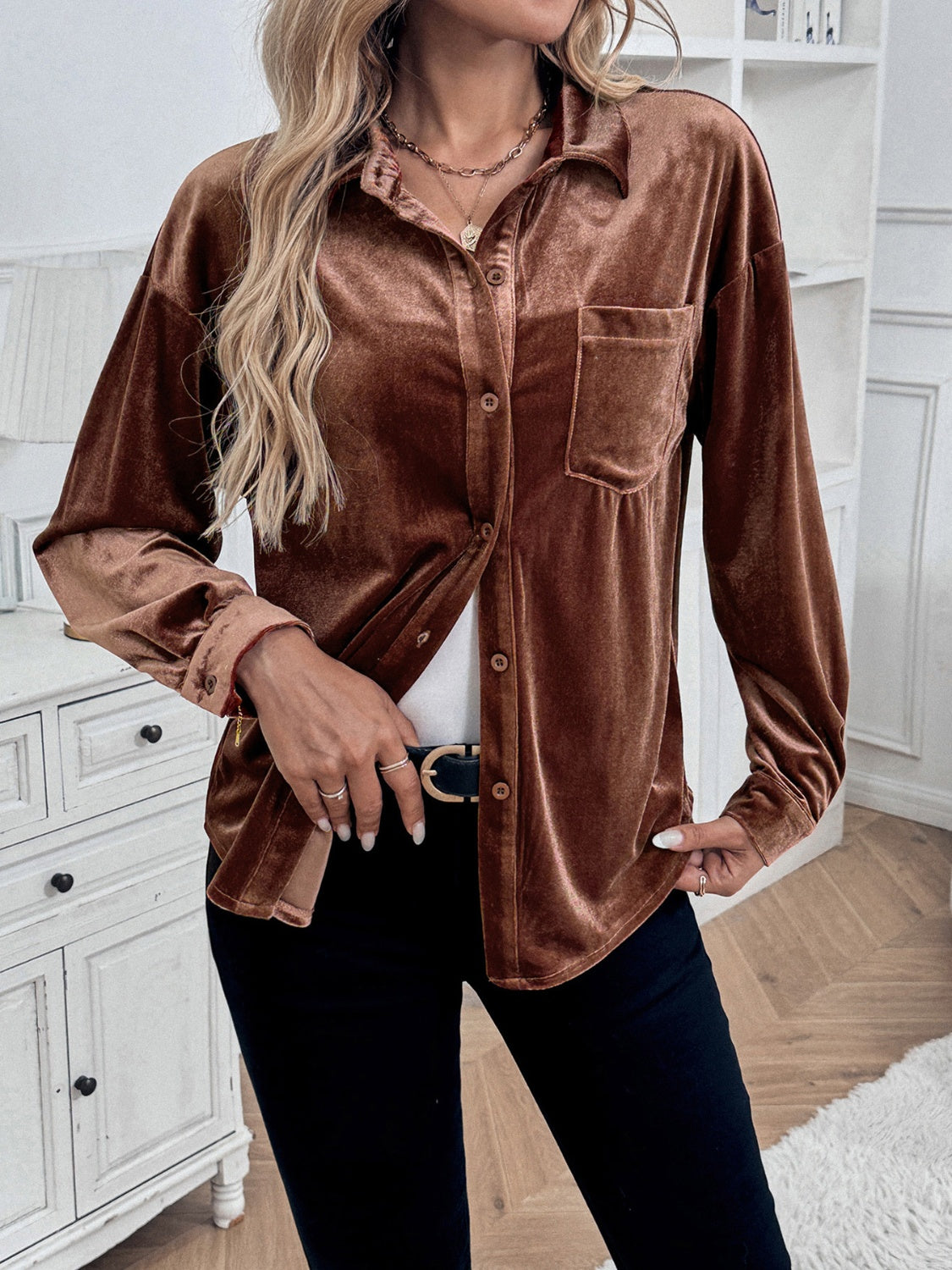 Velvet Button Up Long Sleeve Shirt