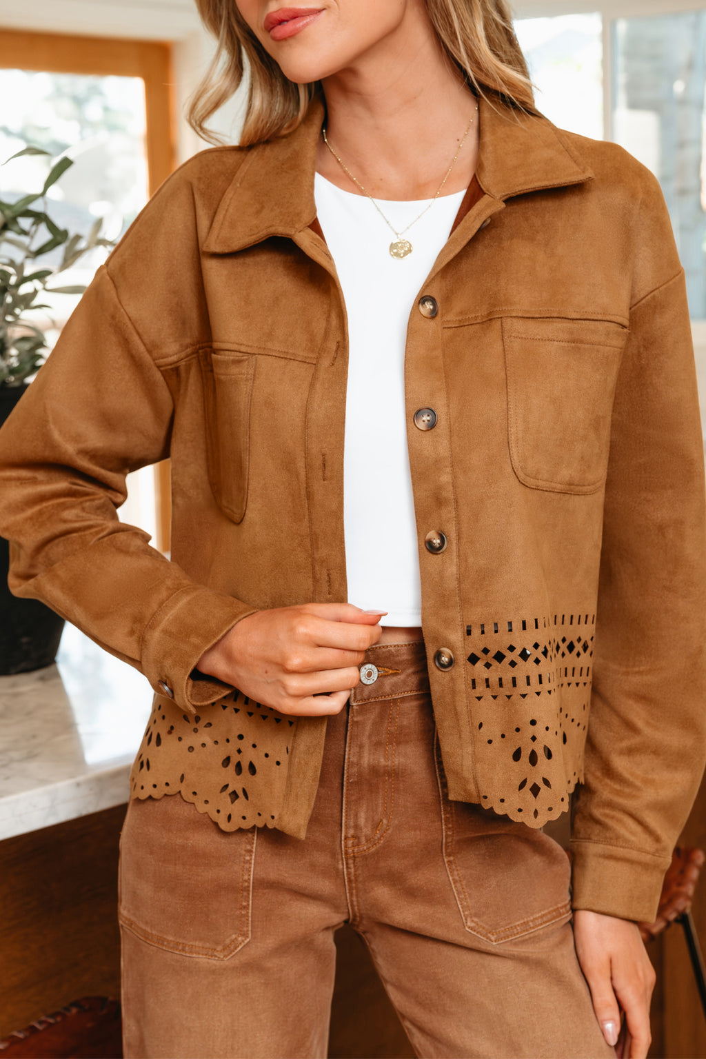 Brown Faux Suede Hollowed Detail Style Jacket Bazaare Mart Outerwear/Jackets