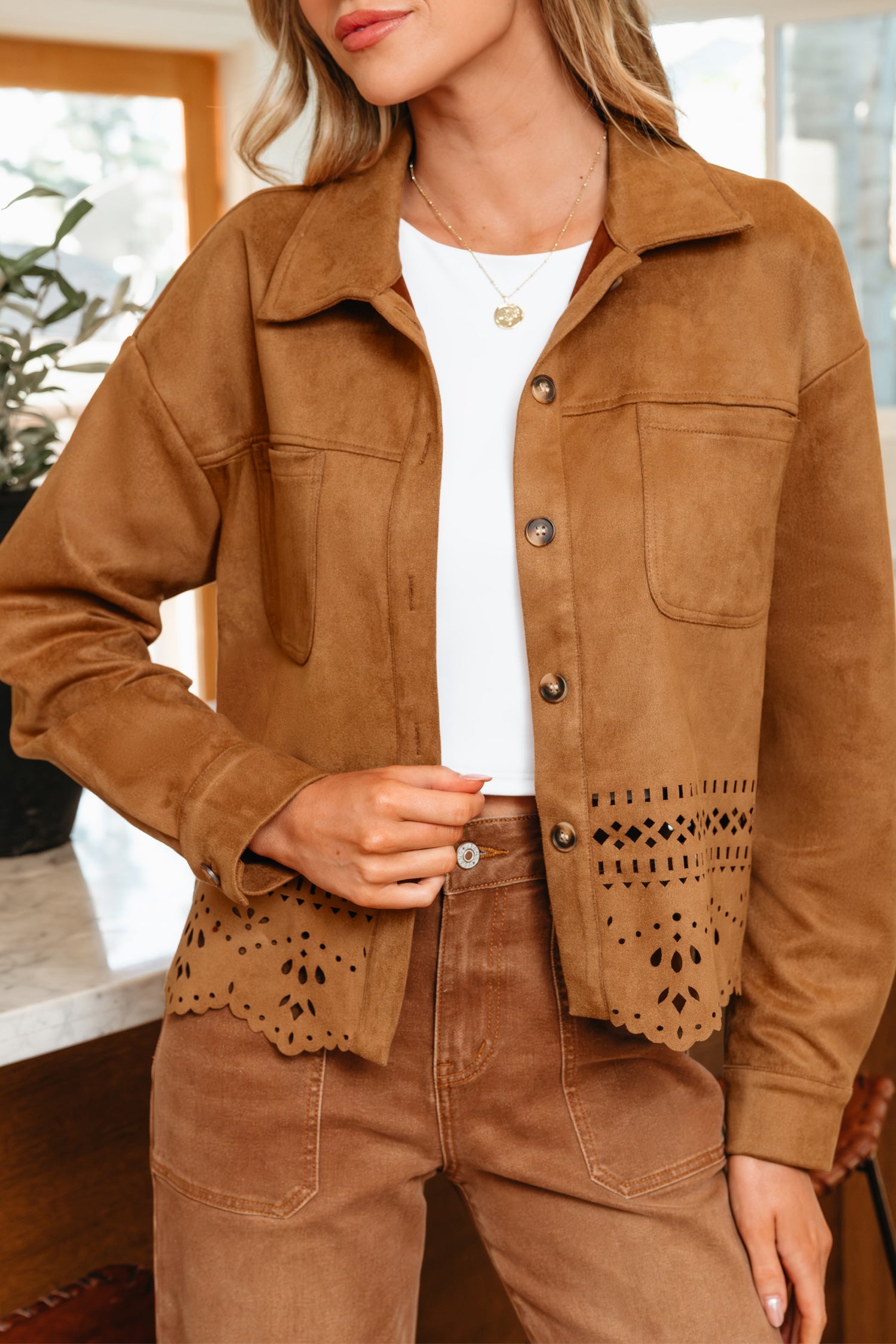 Brown Faux Suede Hollowed Detail Style Jacket Bazaare Mart Outerwear/Jackets