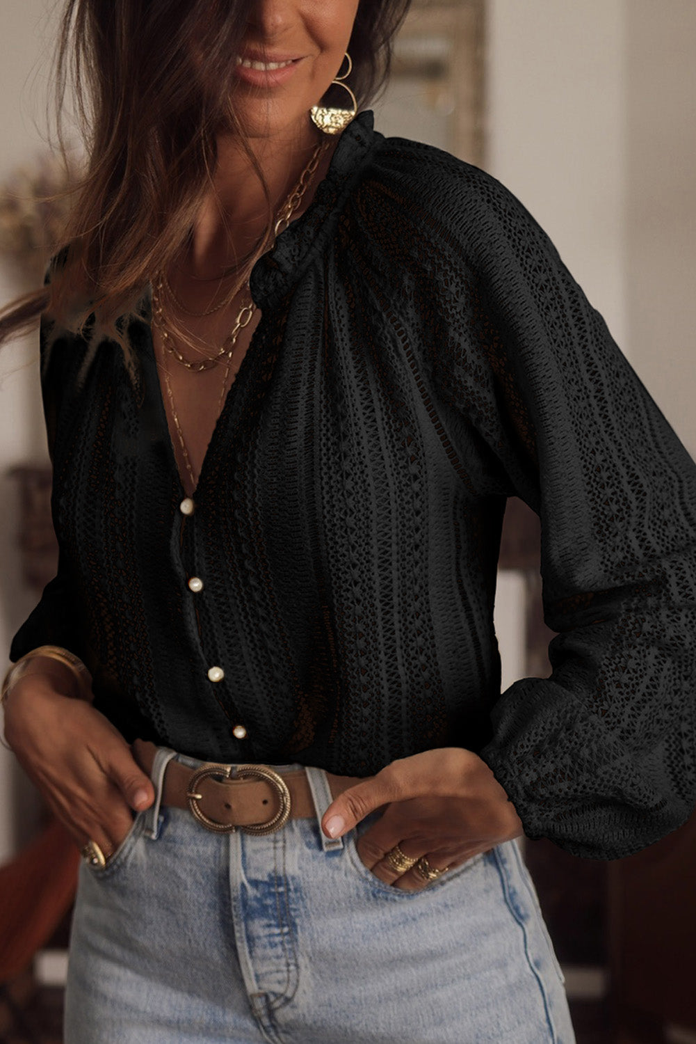 Sheer Plus Size Button Up Long Sleeve Blouse