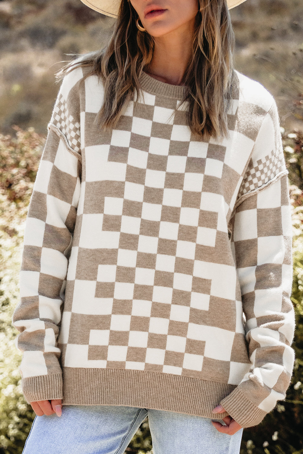 Khaki Checkered Drop Shoulder Round Neck Sweater