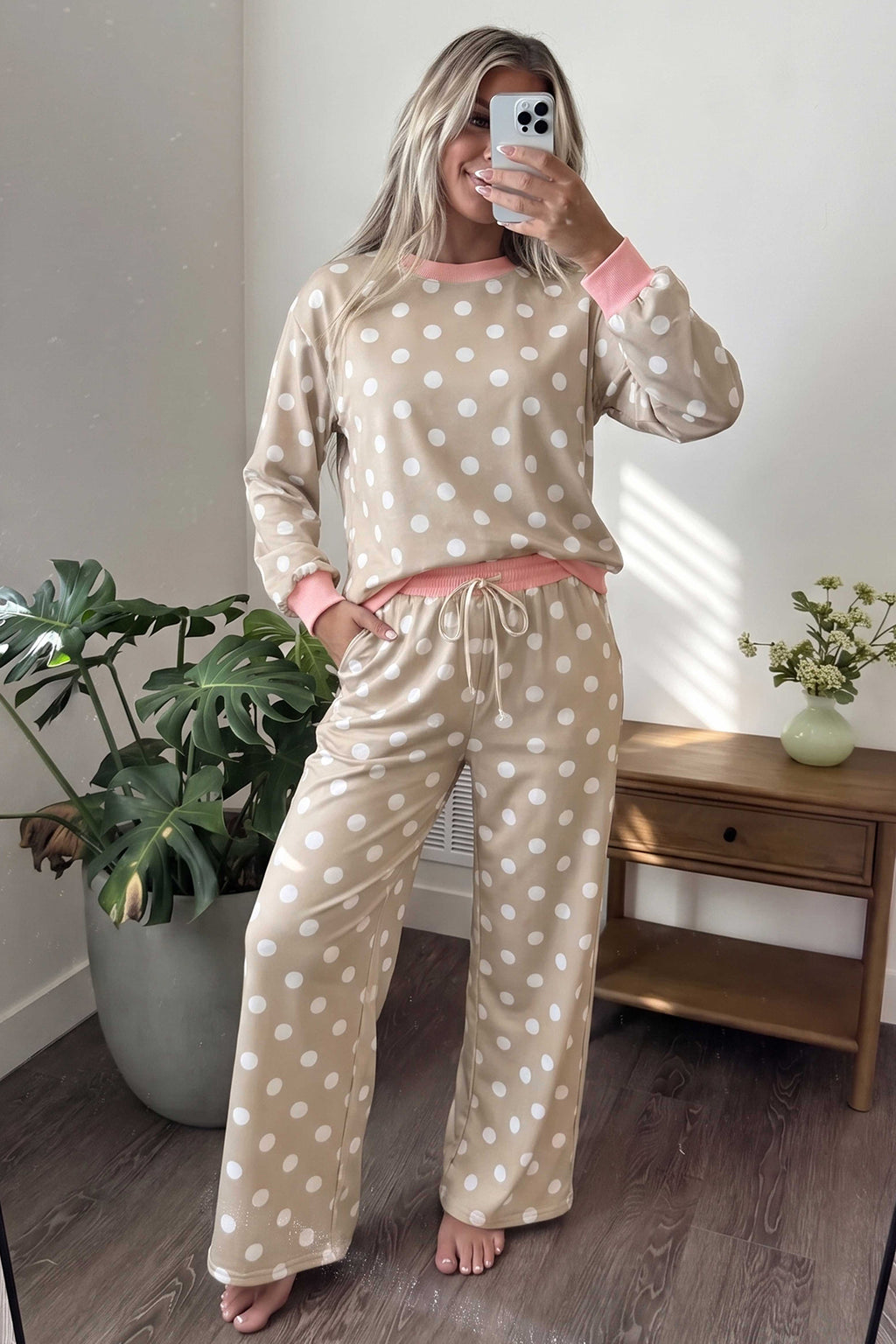 Polka Dot Contrast Trim Top & Drawstring Pants Set