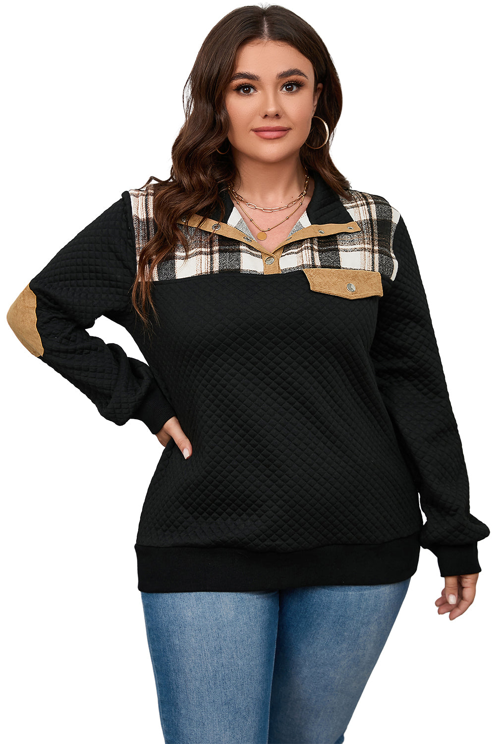 Black Plus Size Quilted Plaid Patch Henley Sweatshirt