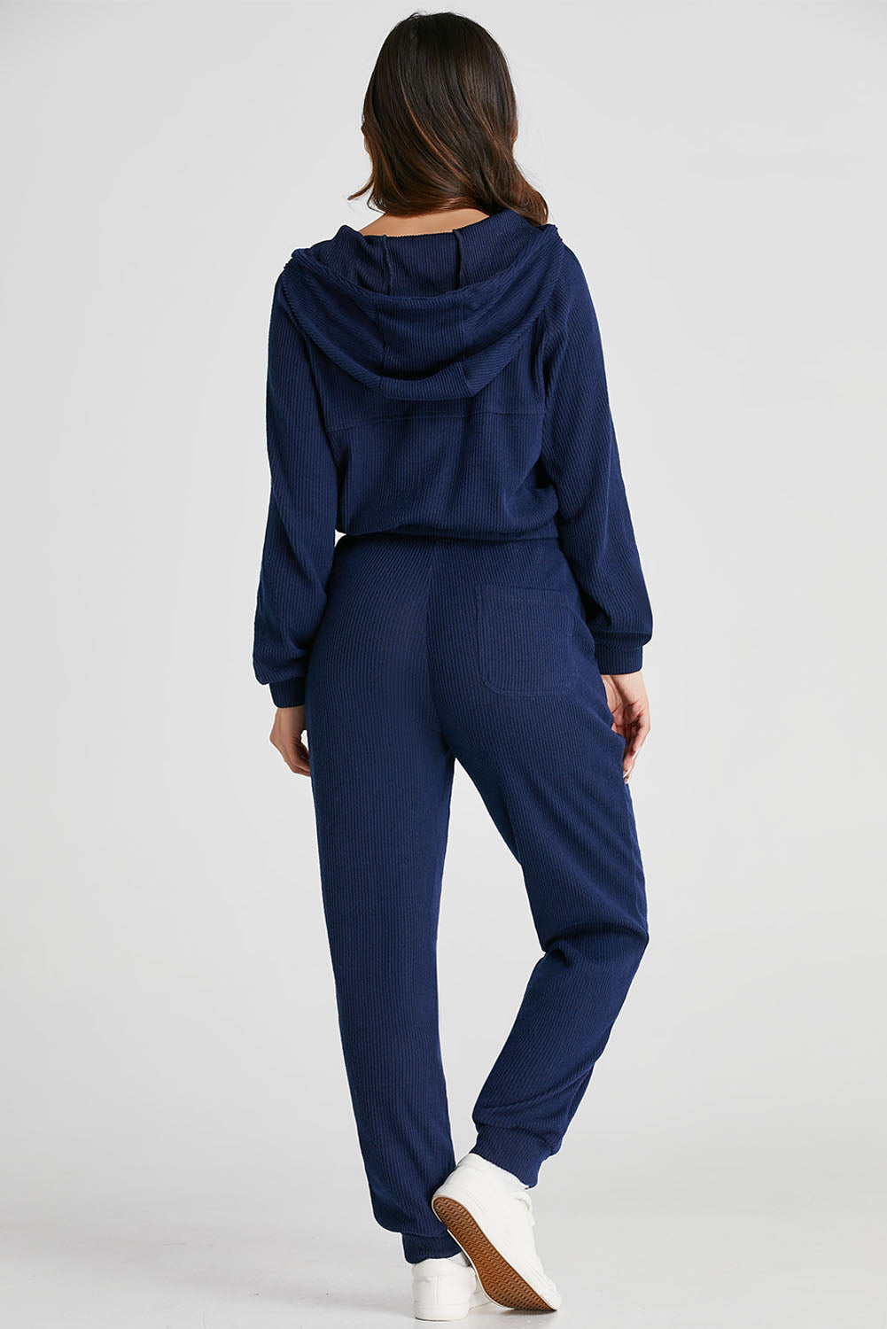 Navy Ribbed Knit Cropped Hoodie Joggers Set