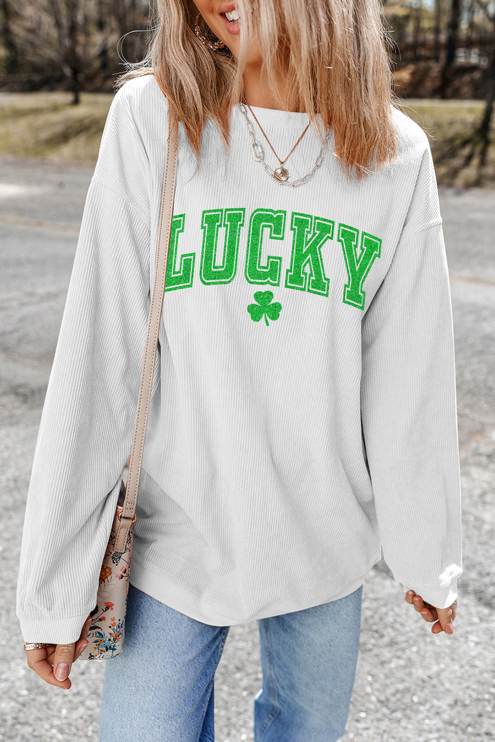 White LUCKY Graphic Corded Sweatshirt