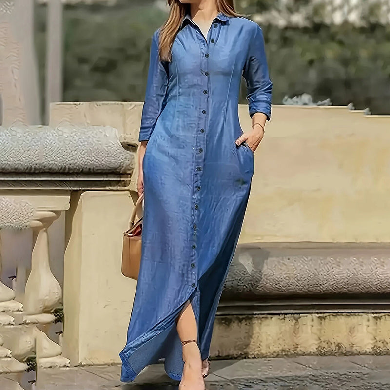 Button Down Denim Maxi Dress with Pockets