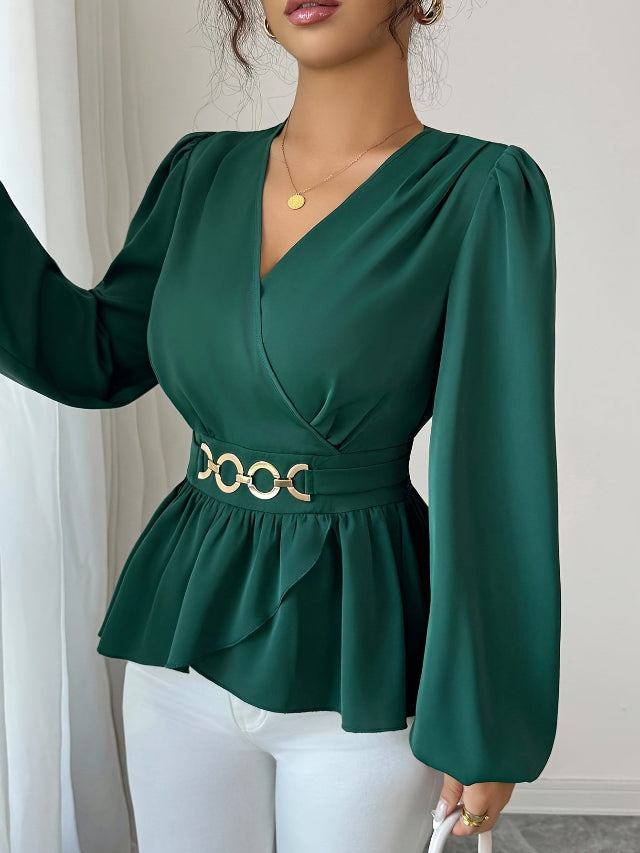 Dark Green V-Neck Long Bishop Sleeve Peplum Blouse