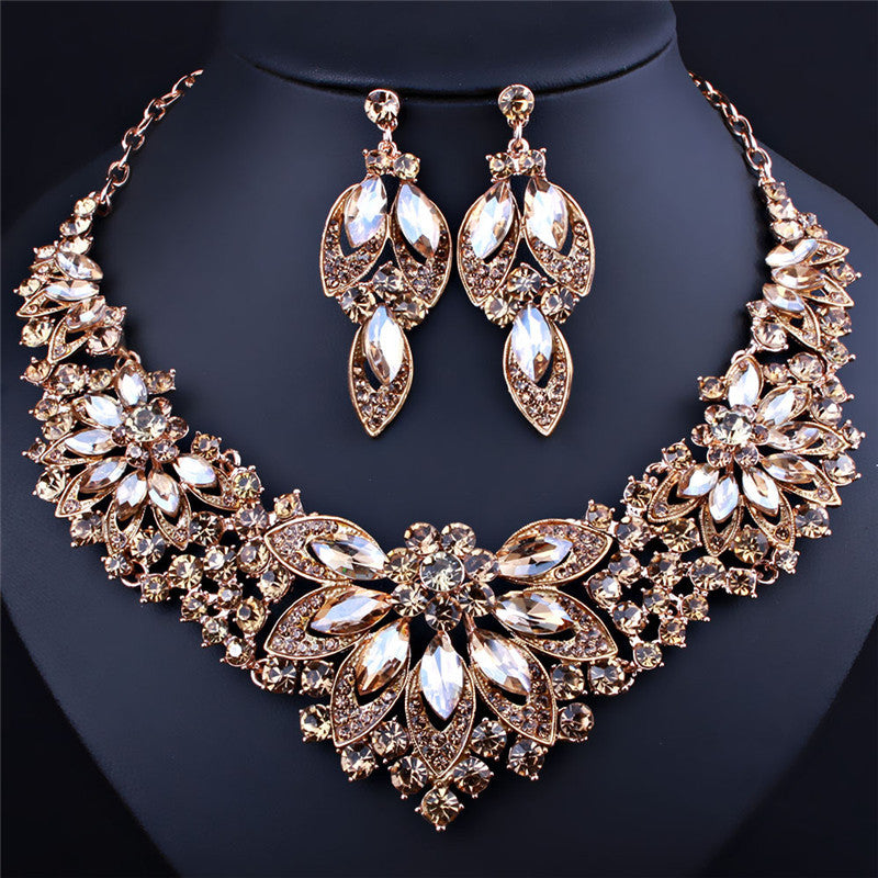Crystal Rhinestone Flower Statement Necklace Earrings Two-Piece Set