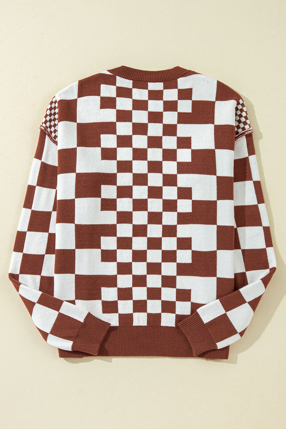 Brown Checkered Drop Shoulder Round Neck Sweater