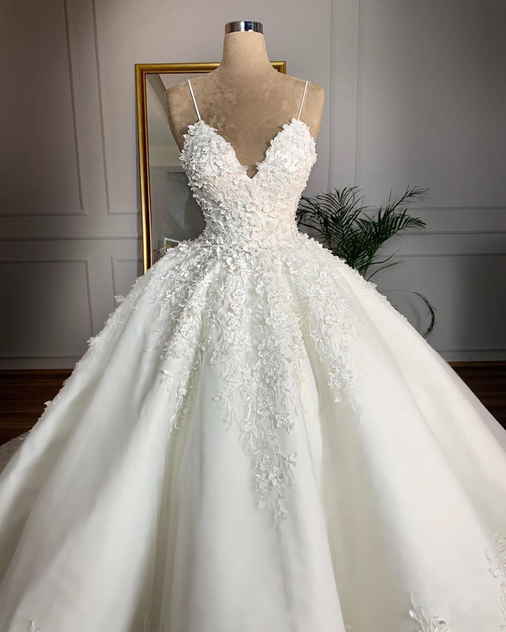 Deep V-neck Beaded Lace Formal Wedding Gown