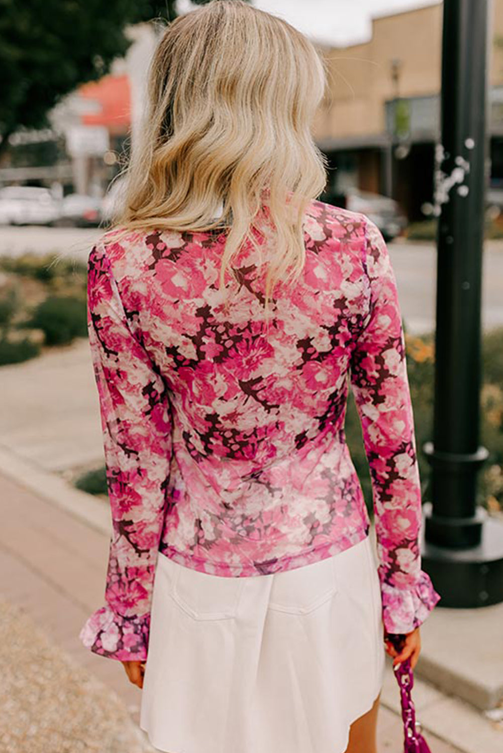 Floral Mesh Ruffle Sleeve Mock Neck Blouse