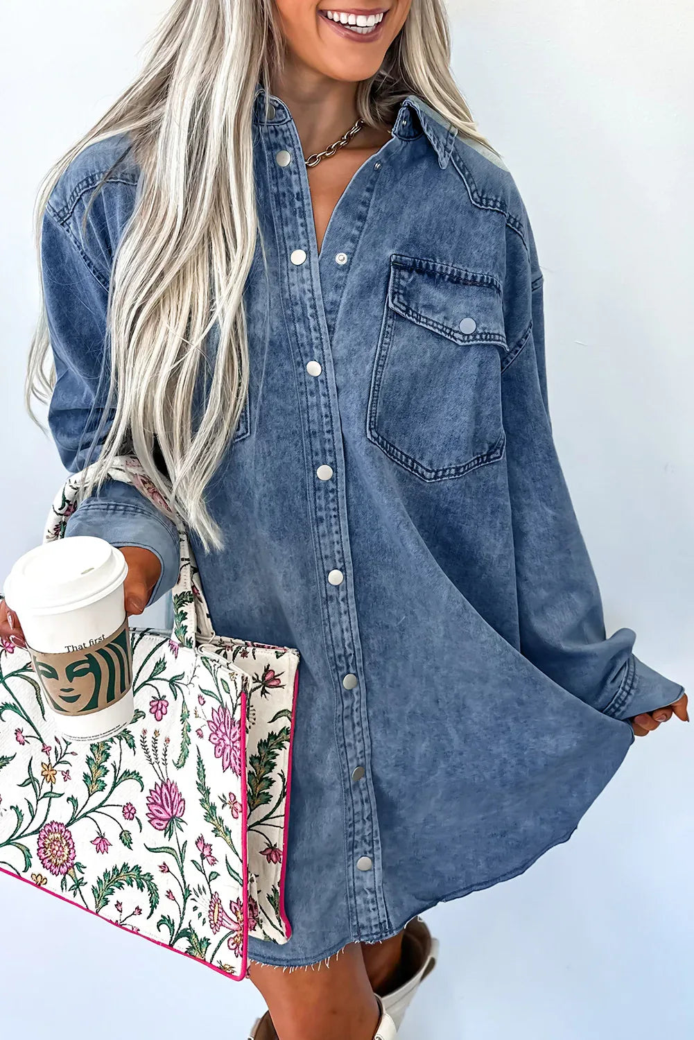 Blue Beau Chest Pocket Raw Hem Denim Loose Shirt Dress Blue 100%Cotton Bazaare Mart Denim Dress