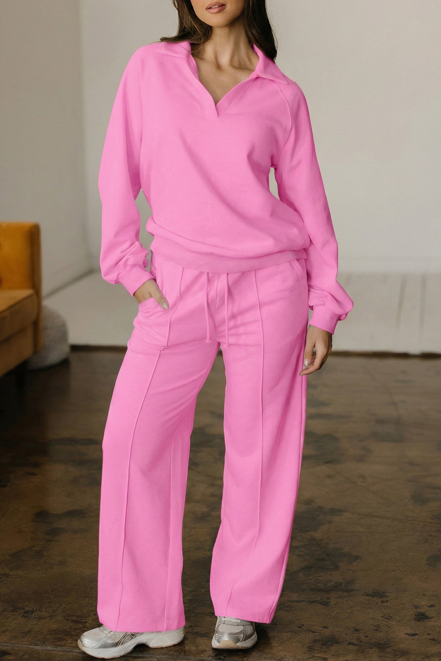 Polo Collar V Neck Pullover and Drawstring Sweatpants Set Bazaare Mart Two Piece Sets/Pant Sets