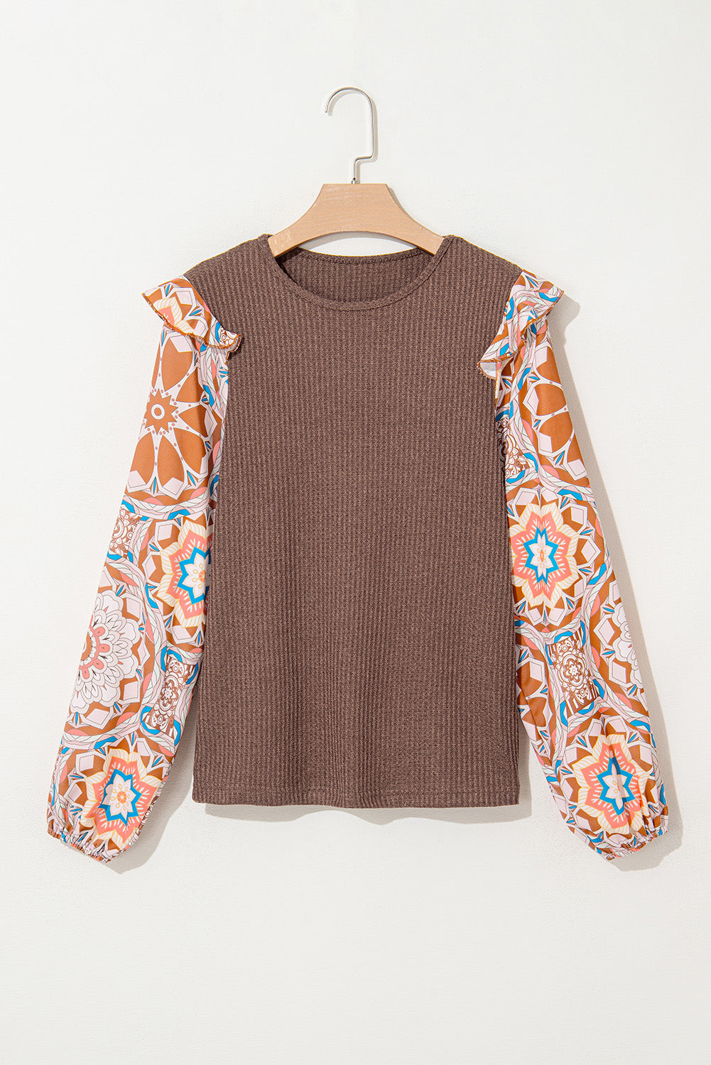 Long Floral Sleeve Patchwork Waffle Knit Top
