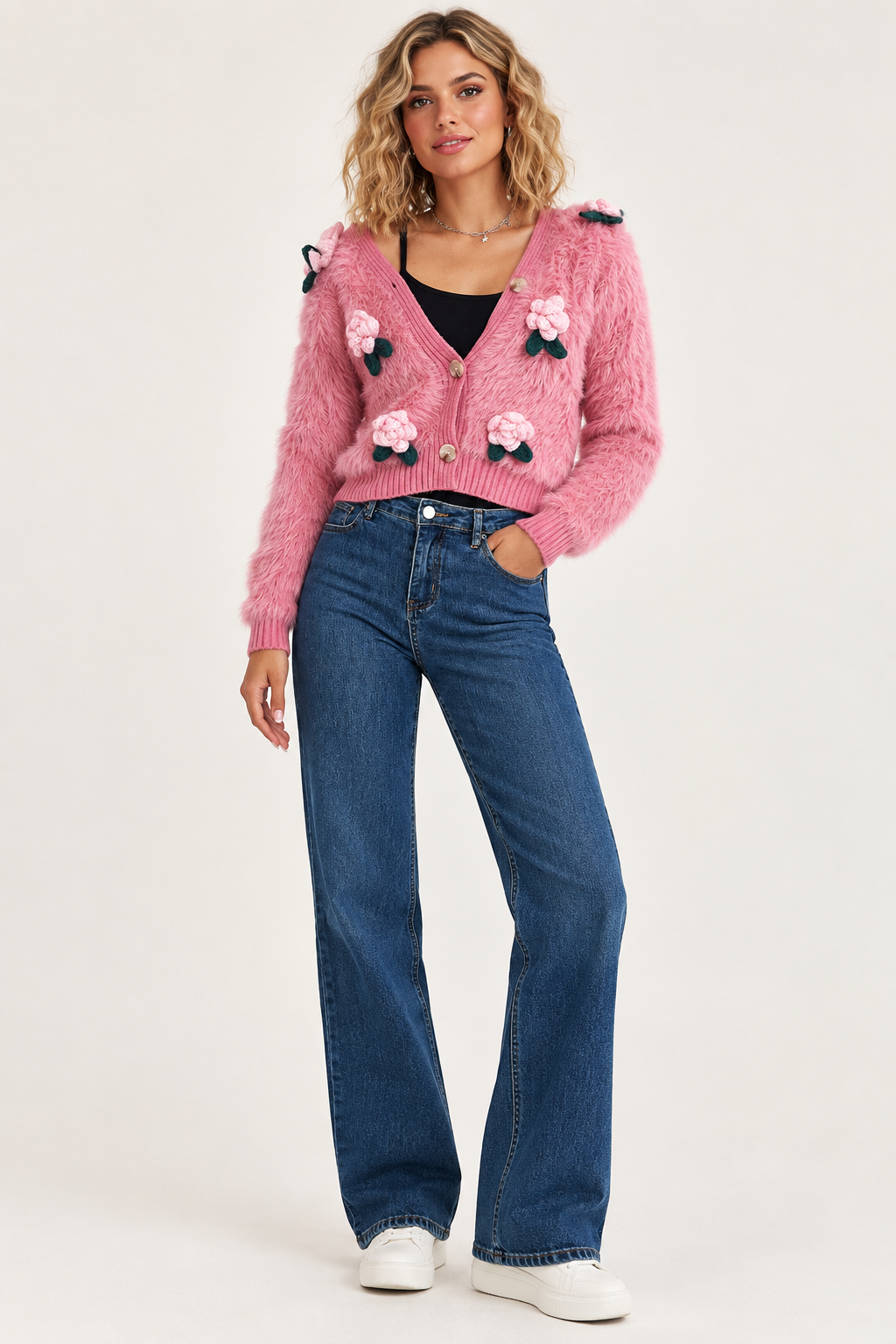Fuzzy Flower Detail Button-Up Cardigan
