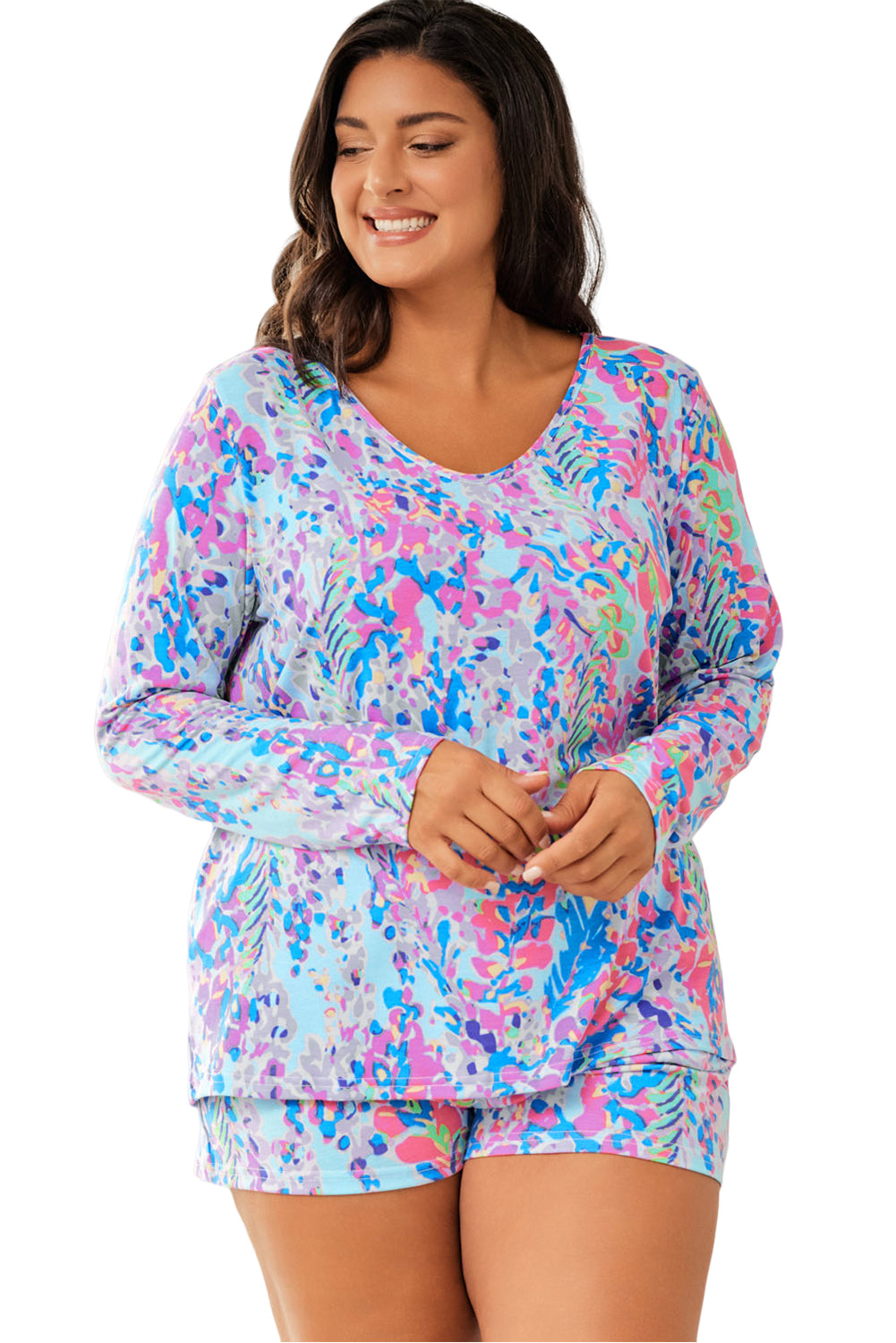 Multicolor Printed 3/4 Sleeve Split Neck Plus Size Tunic Top