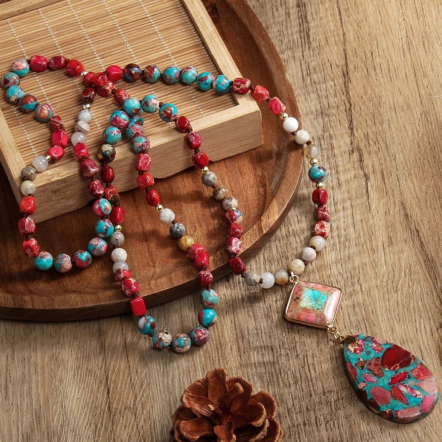 Long Boho Stone Drop Pendant Necklace