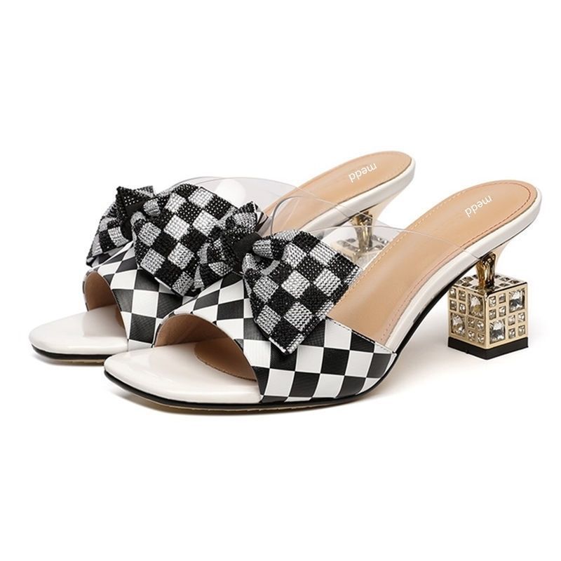 Women’s Checkered Bow Mule Heels – Square Heel Statement Sandals Black and white plaid CJ Dropshipping Plaid Mules