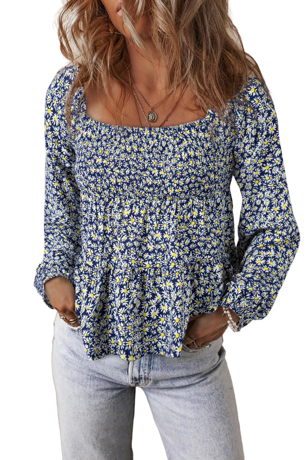 Blue Floral Smocked Square Neck Loose Fit Long Sleeve Blouse