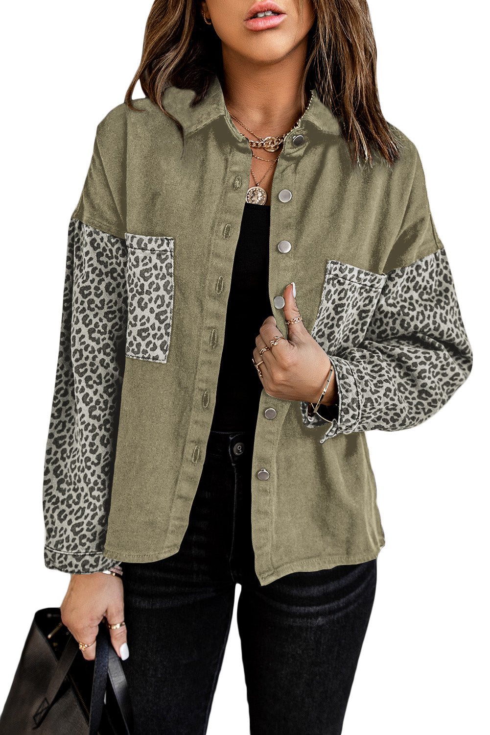 White Contrast Leopard Denim Jacket