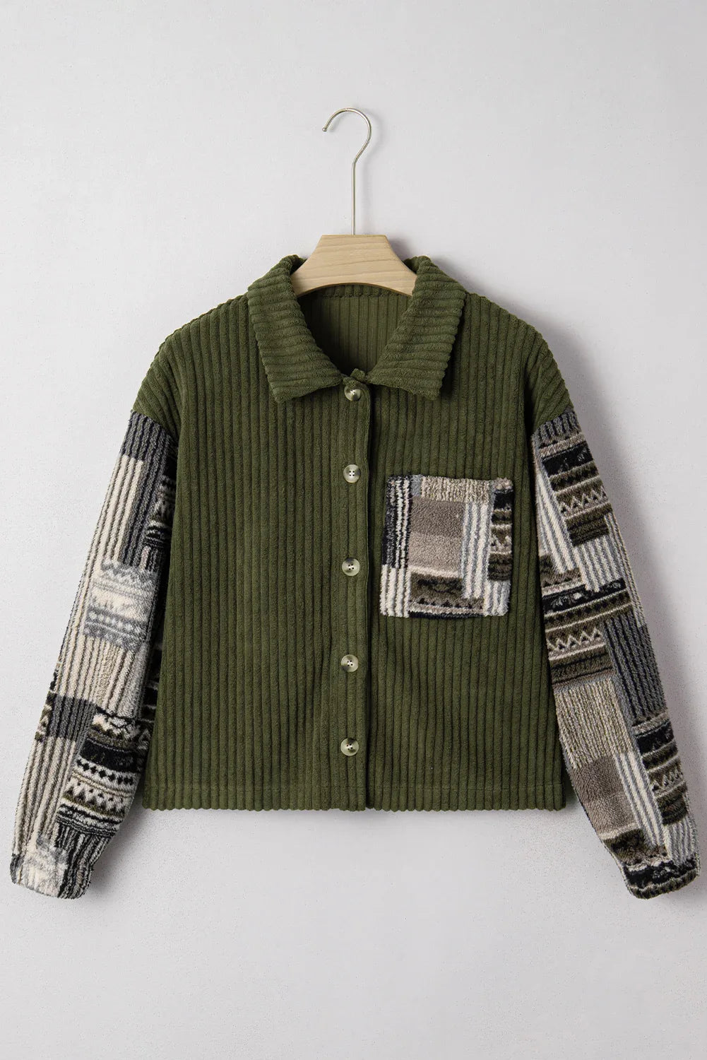 Army Green Ribbed Fleece Plaid Patchwork Button Up Jacket Bazaare Mart Outerwear/Jackets