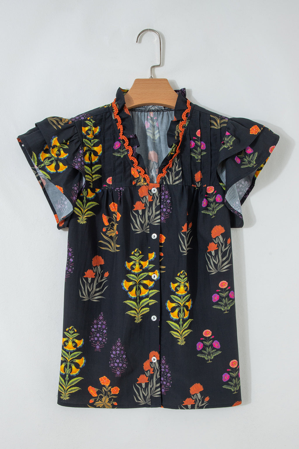 Black Floral Print Lace Trim Frilled V Neck Short Sleeve Shirt Shewin Blouses & Shirts