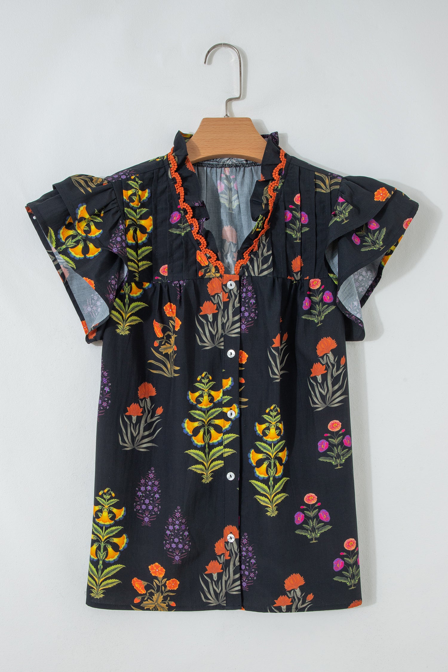Black Floral Print Lace Trim Frilled V Neck Short Sleeve Shirt Shewin Blouses & Shirts