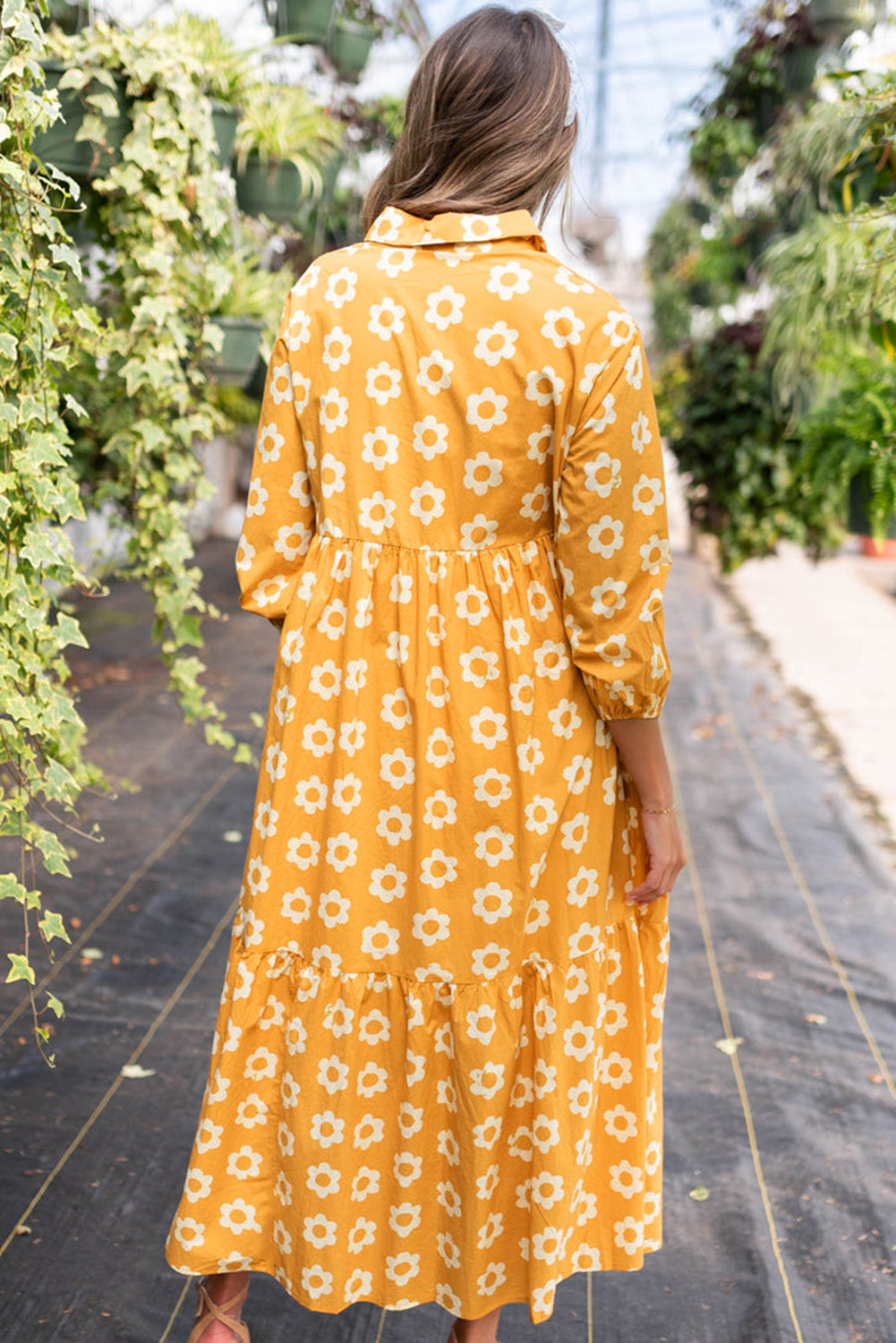 Yellow Flower 3/4 Sleeve Buttons Collared Maxi Dress