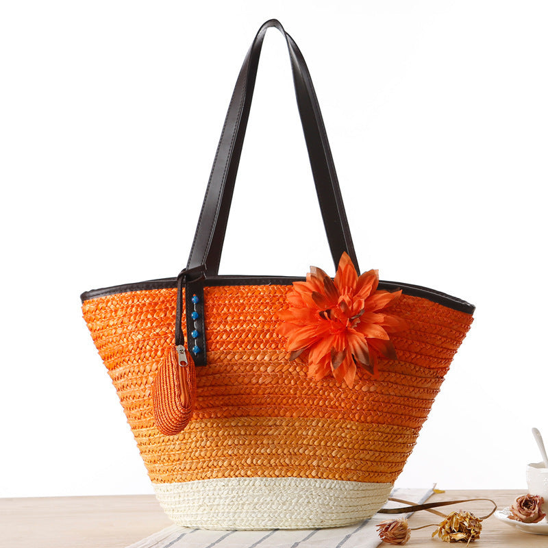 Orange Striped Straw Beach Bag