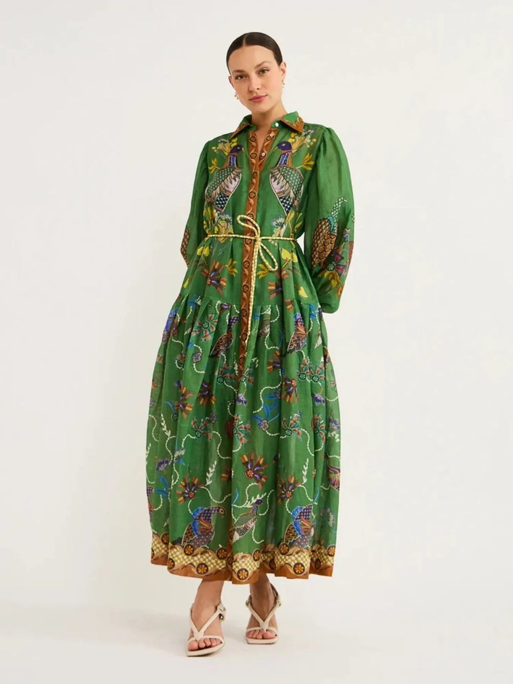 Printed Lantern Sleeve Maxi Shirt Dress Green Trendsi Printed Lantern Sleeve Maxi Shirt Dress