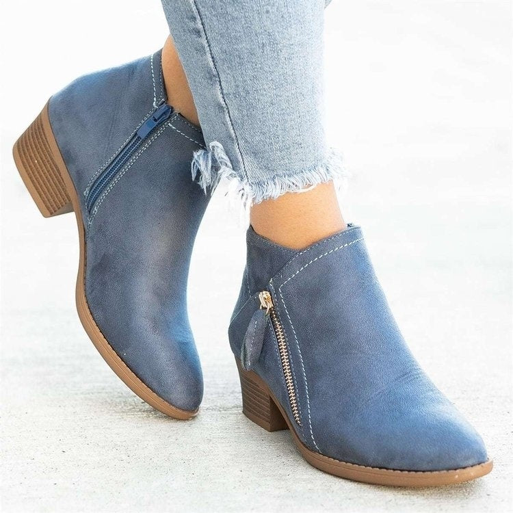 Low Heel Side Zipper Ankle Boots